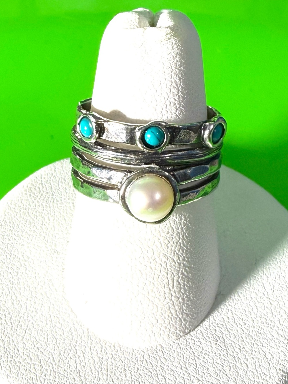 RL Sterling Silver Pearl and Turquoise Stack Ring - White Pearl, Turquoise 7